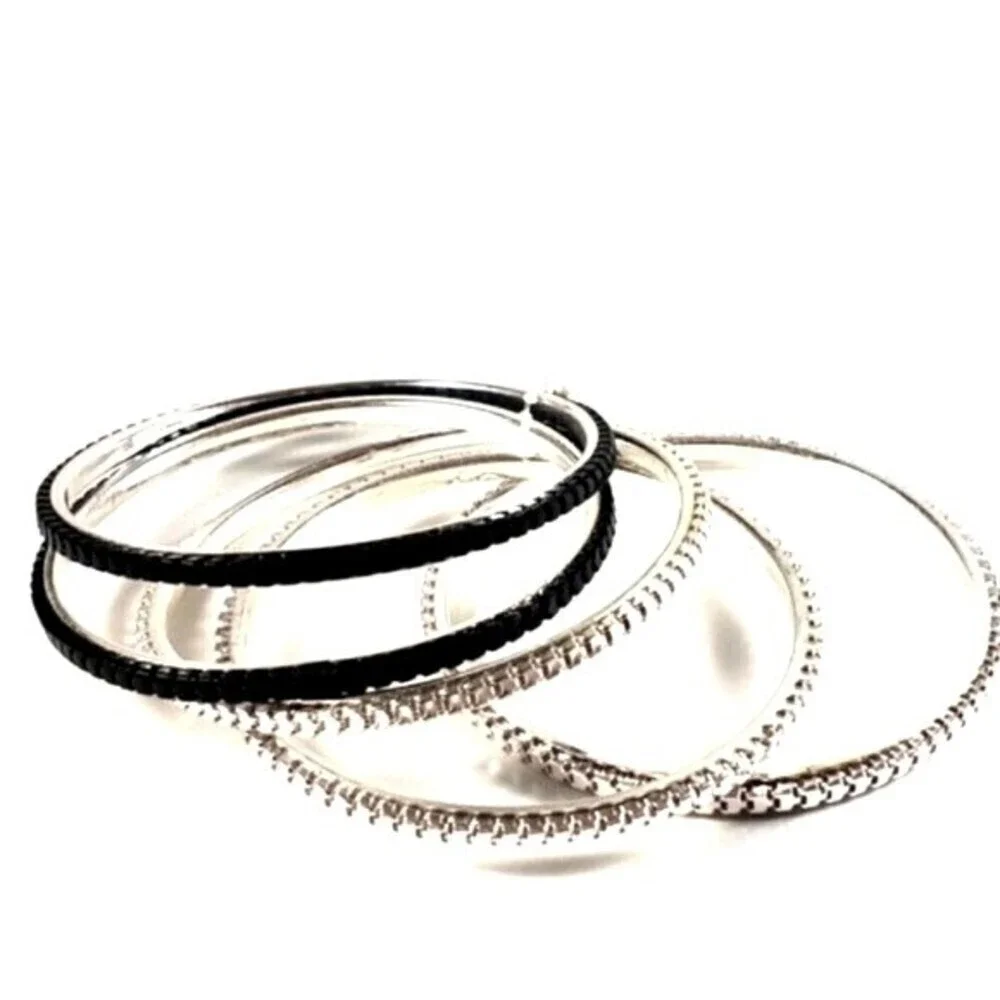 Set of 5 Silver-tone & Black Dainty Bangle Bracelets - Women's Fashion Jewelry